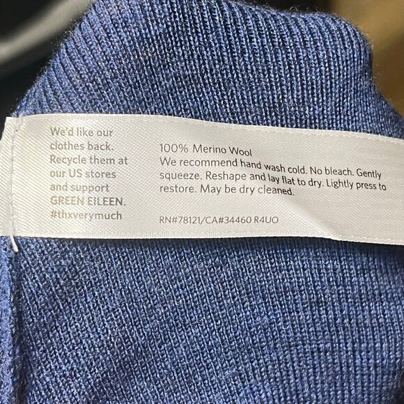 Eileen Fisher 100% Merino Wool Crew Neck High Low Hem Sweater Blue XXS Italian - Picture 7 of 8